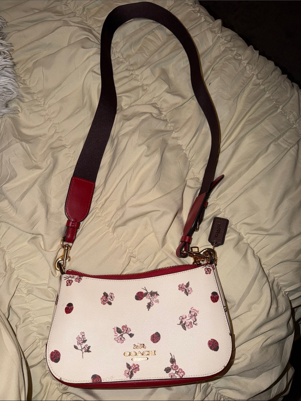 Coach Floral Print Leather Crossbody - Red & Cream